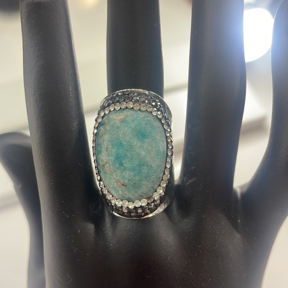 Amanzonite faceted cocktail ring, silver, turquoise,AdjustableSize 6.5 - Picture 6 of 6